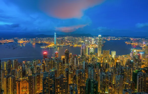 Картинка море, пейзаж, город, ночные огни, Гонконг, Китай, ночные города