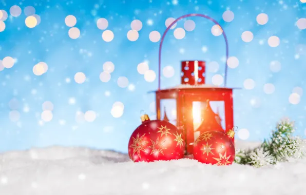 Картинка зима, снег, украшения, снежинки, Новый Год, Рождество, фонарь, Christmas, winter, snow, bokeh, Merry Christmas, Xmas, …