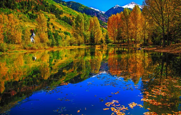 Картинка осень, деревья, горы, озеро, Колорадо, США, Теллерайд