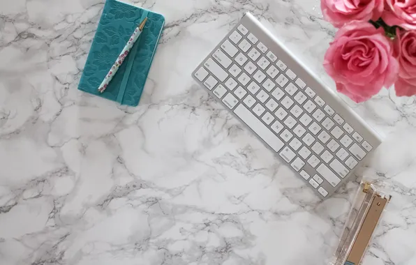 Картинка розы, ручка, блокнот, pink, flowers, roses, keyboard, marble