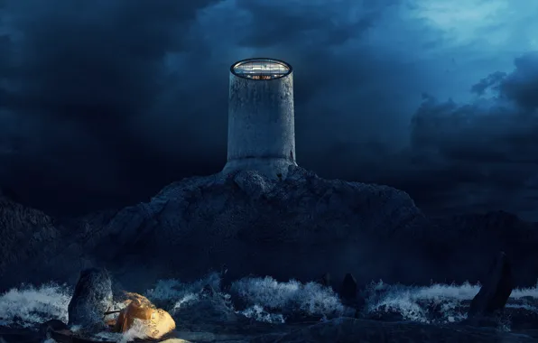 Картинка ночь, тучи, скала, сооружение, The three colors of the Lighthouse - BLUE