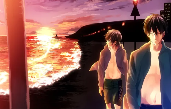 Картинка море, закат, аниме, арт, прогулка, парни, Sekai ichi Hatsukoi