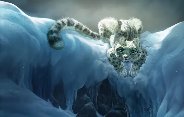 Картинка кошка, снег, горы, настроение, арт, барс, детская