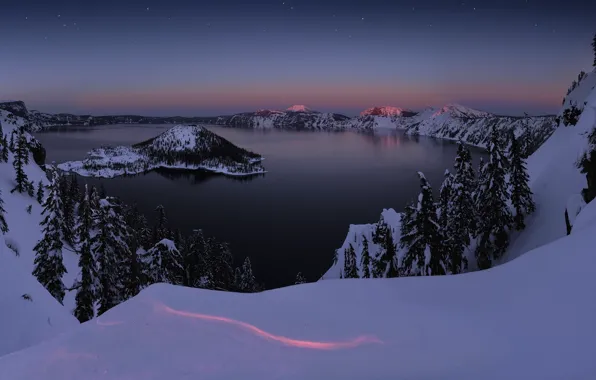 Картинка зима, снег, закат, озеро, остров, Орегон, Oregon, Crater Lake, Crater Lake National Park, Озеро Крейтер