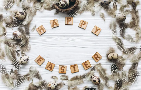 Картинка яйца, перья, Пасха, wood, spring, Easter, eggs, decoration, Happy, перепелиные