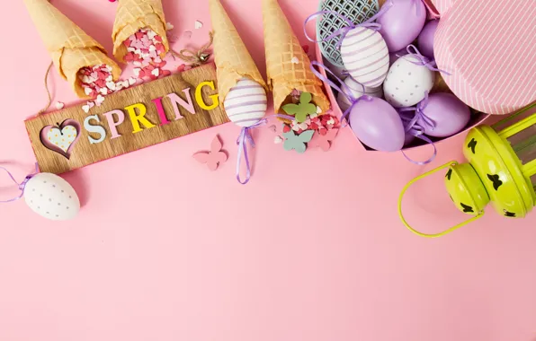 Картинка бабочки, фон, розовый, яйца, весна, Пасха, рожок, pink, spring, Easter, eggs, decoration, Happy, вафельный