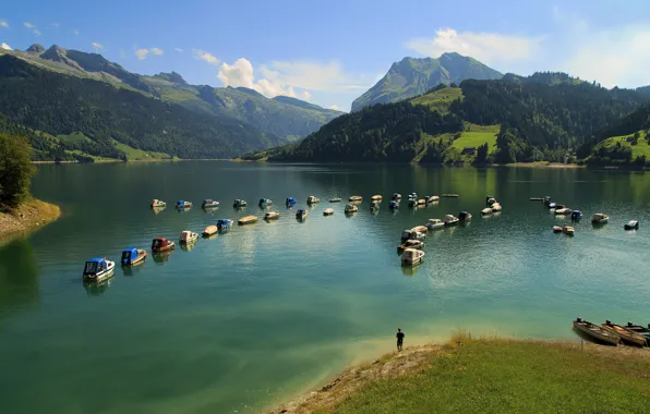 Картинка горы, озеро, лодки, Швейцария, Альпы, Switzerland, Alps, Иннерталь, Wägitalersee, Innerthal, Озеро Вэгиталер