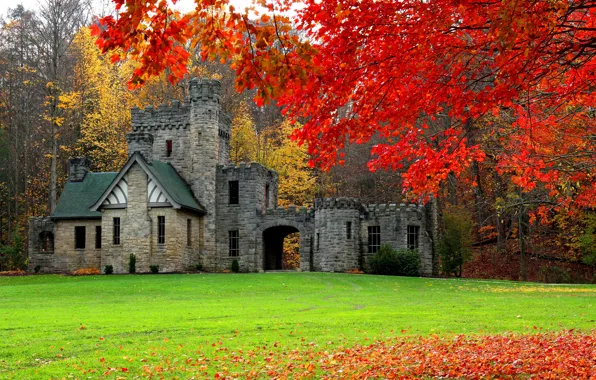 Картинка осень, лес, замок, США, Cleveland, Squire's Castle