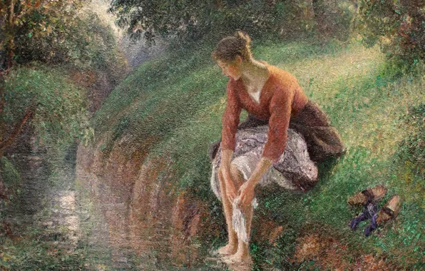 Картинка природа, ручей, картина, жанровая, Камиль Писсарро, Молодая Женщина Моющая Ноги