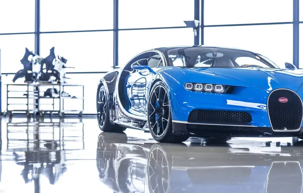 Картинка Bugatti, Blue, Black, White, Reflection, VAG, W16, Chiron