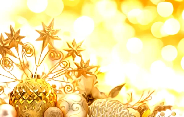 Картинка свет, блики, рендеринг, праздник, обработка, Новый Год, елочные игрушки, золотые украшения