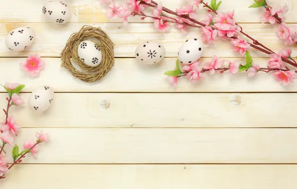 Картинка цветы, корзина, яйца, весна, Пасха, розовые, wood, pink, blossom, flowers, spring, Easter, eggs, decoration, Happy, …
