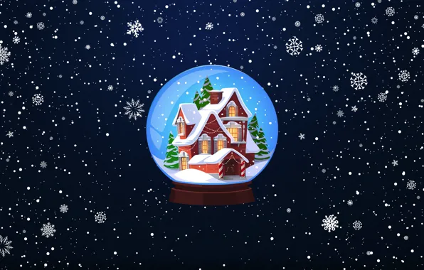 Картинка Зима, Минимализм, Снег, Новый Год, Дом, Рождество, Шар, Фон, Праздник, Настроение, Стеклянный шар