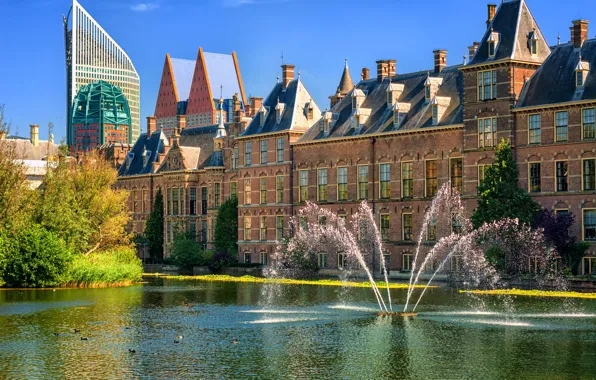 Картинка Нидерланды, фонтаны, Голландия, Гаага, The Hague, Binnenhof, Binnenhof palace