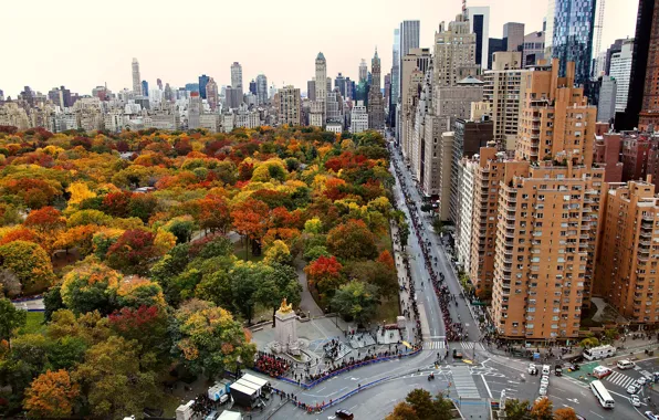 Картинка city, sport, USA, road, trees, New York, Manhattan, park, New York City, autumn, skyscraper, street, …