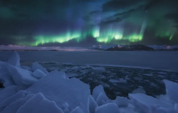 Картинка зима, небо, снег, ночь, лёд, северное сияние, Норвегия, фьорд