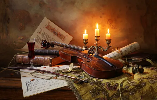 Картинка ноты, вино, скрипка, книги, свечи, смычок, Натюрморт со скрипкой и свечами