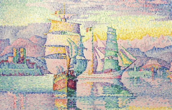Картинка корабль, картина, парус, морской пейзаж, Поль Синьяк, пуантилизм, Антиб. Бригантины