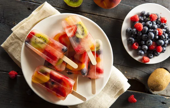 Картинка ягоды, малина, киви, черника, фрукты, десерт, фруктовый лёд