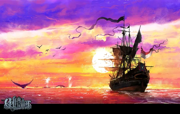 Картинка море, птицы, корабль, Sunset, The Whaler