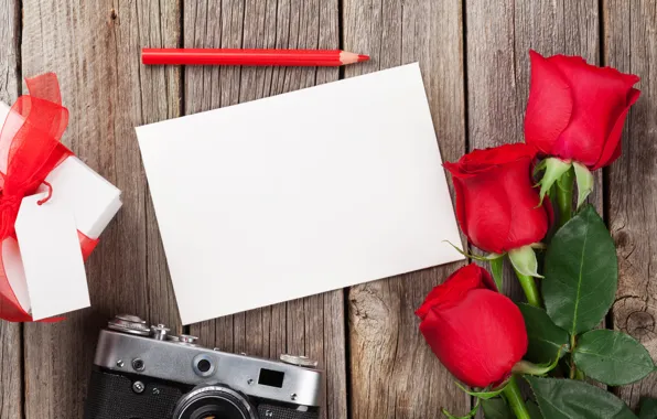 Картинка любовь, цветы, подарок, розы, букет, бокалы, красные, red, love, wood, flowers, romantic, Valentine's Day, gift, …