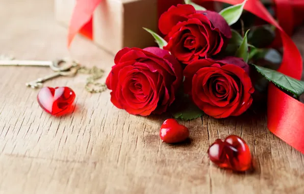 Картинка любовь, цветы, розы, букет, сердечки, красные, red, love, wood, flowers, romantic, hearts, Valentine's Day, gift, …