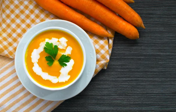 Картинка зелень, морковь, сметана, суп пюре, Первое блюдо