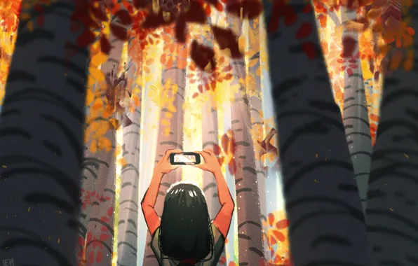 Картинка спина, руки, девочка, фотографирующая, смартфон, осенние деревья, стволы берез