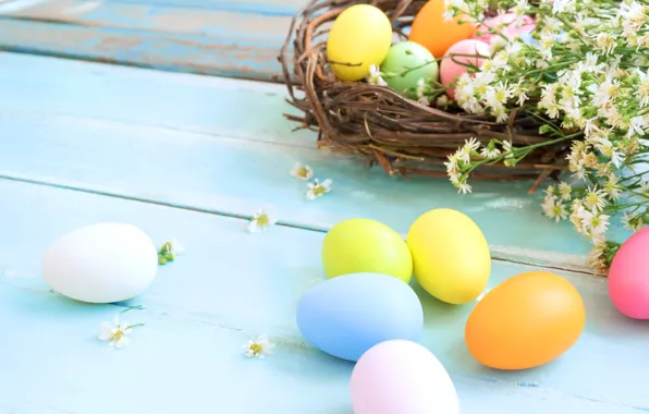 Картинка цветы, корзина, яйца, весна, colorful, Пасха, wood, flowers, spring, Easter, eggs, decoration, Happy, tender