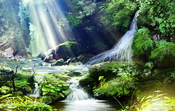Картинка лес, природа, водопад, слнечные лучи