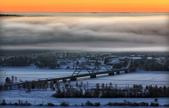 Картинка снег, мост, река, граница, Швеция, Финляндия, Турнеэльвен