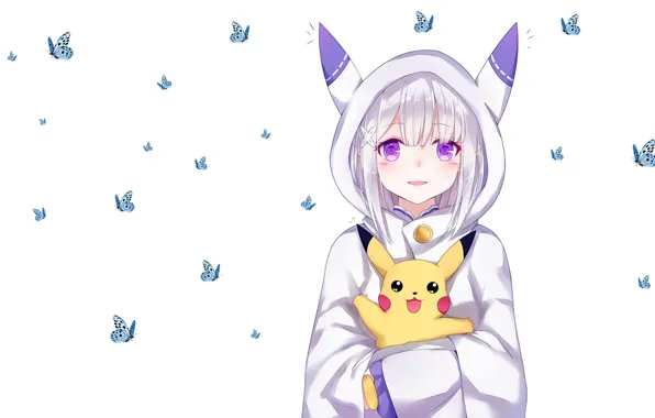 Картинка аниме, арт, Emilia, Pikachu