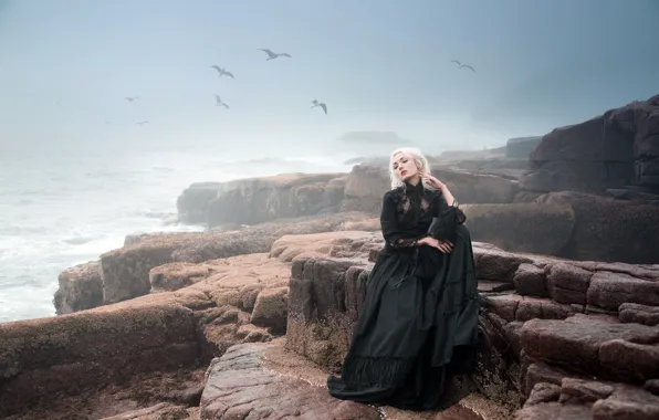 Картинка море, девушка, туман