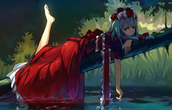 Картинка Girl, dress, anime, water, barefoot, lake, mood, ribbon, trunk, blue hair, anime girl, boredom, feet …