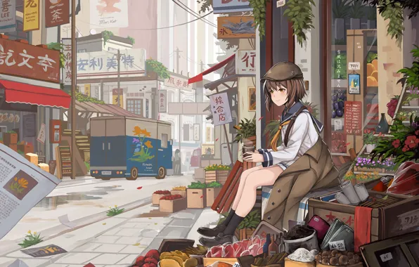 Картинка девушка, улица, продукты