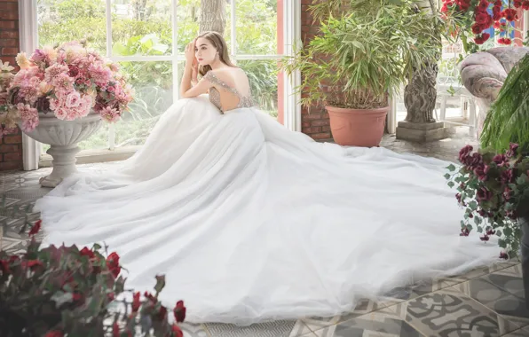 Картинка девушка, цветы, модель, шатенка, невеста, свадебное платье