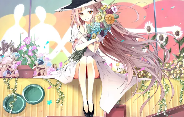 Картинка цветы, шляпа, девочка