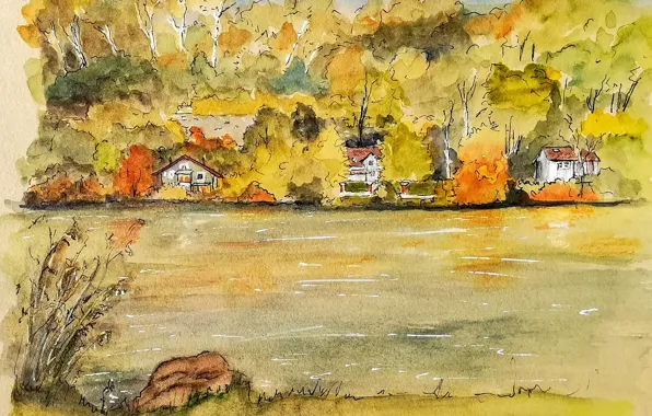 Картинка осень, деревья, пейзаж, дом, река, рисунок, акварель