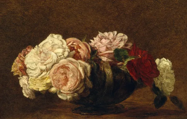 Картинка цветы, картина, натюрморт, Анри Фантен-Латур, Розы в Вазе, Henri Fantin-Latour