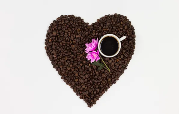 Картинка любовь, цветы, сердце, кофе, зерна, love, heart, pink, flowers, cup, romantic, beans, coffee
