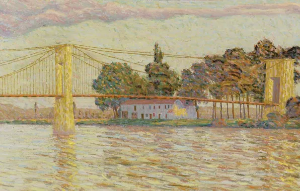 Картинка пейзаж, дом, река, картина, Мост, Огюст Эрбен, Auguste Herbin