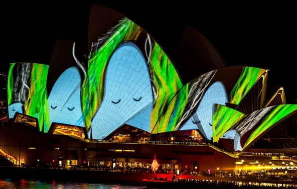 Картинка ночь, город, огни, зеленый, блики, темнота, люди, голубой, здание, освещение, Австралия, шоу, Сидней, призраки, мегаполис, …