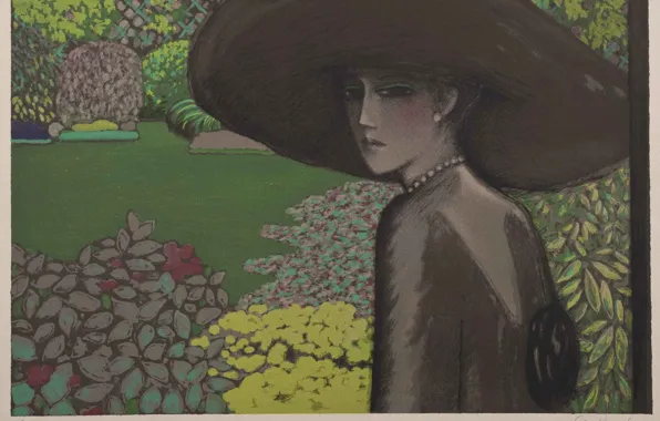 Картинка гравюра, Современная французская живопись, неуловимое обаяние Франции, Женщина в широкополой шляпе, Жан-Пьер Кассиньоль