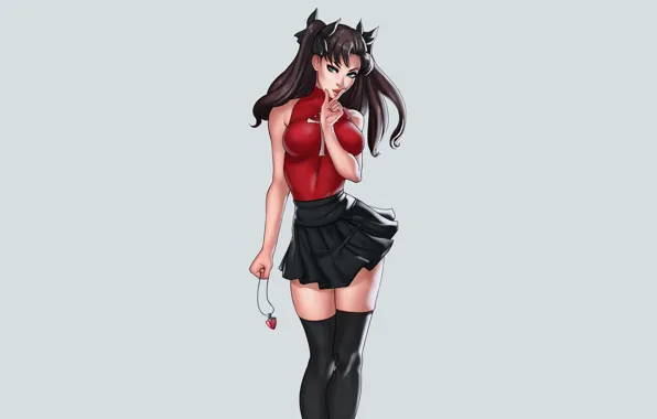 Картинка girl, Fate/Stay Night, green eyes, minimalism, boobs, anime, stockings, brunette, tits, digital art, artwork, necklace, …