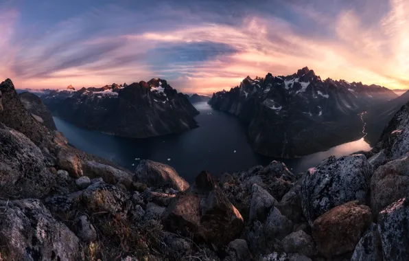 Картинка небо, горы, река, камни, скалы, панорама, фьорды