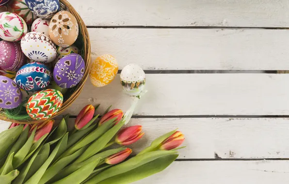 Картинка Весна, Тюльпаны, Пасха, Яйца, Корзина, Праздник