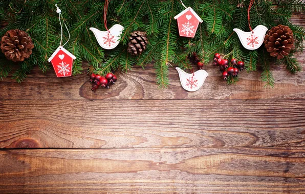 Картинка украшения, ягоды, игрушки, елка, Новый Год, Рождество, happy, Christmas, шишки, wood, New Year, Merry Christmas, …