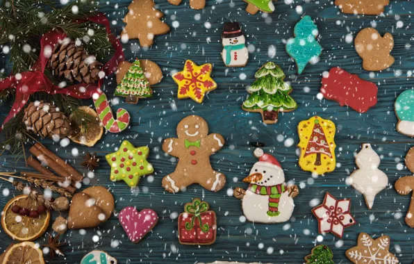 Картинка снег, Новый Год, печенье, Рождество, wood, Merry Christmas, cookies, decoration, пряники, gingerbread