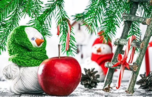 Картинка фон, подарок, ель, ветка, Новый год, снеговик, box, gift, snowman, holding, Handmade, yarn