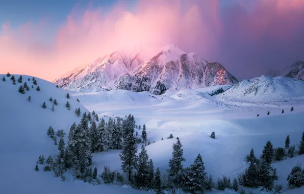 Картинка зима, облака, свет, снег, горы